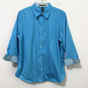 Lauren Ralph Lauren LRL Blouse L Aqua‎ Button Front Stripe Cuff Classic Top FLAW